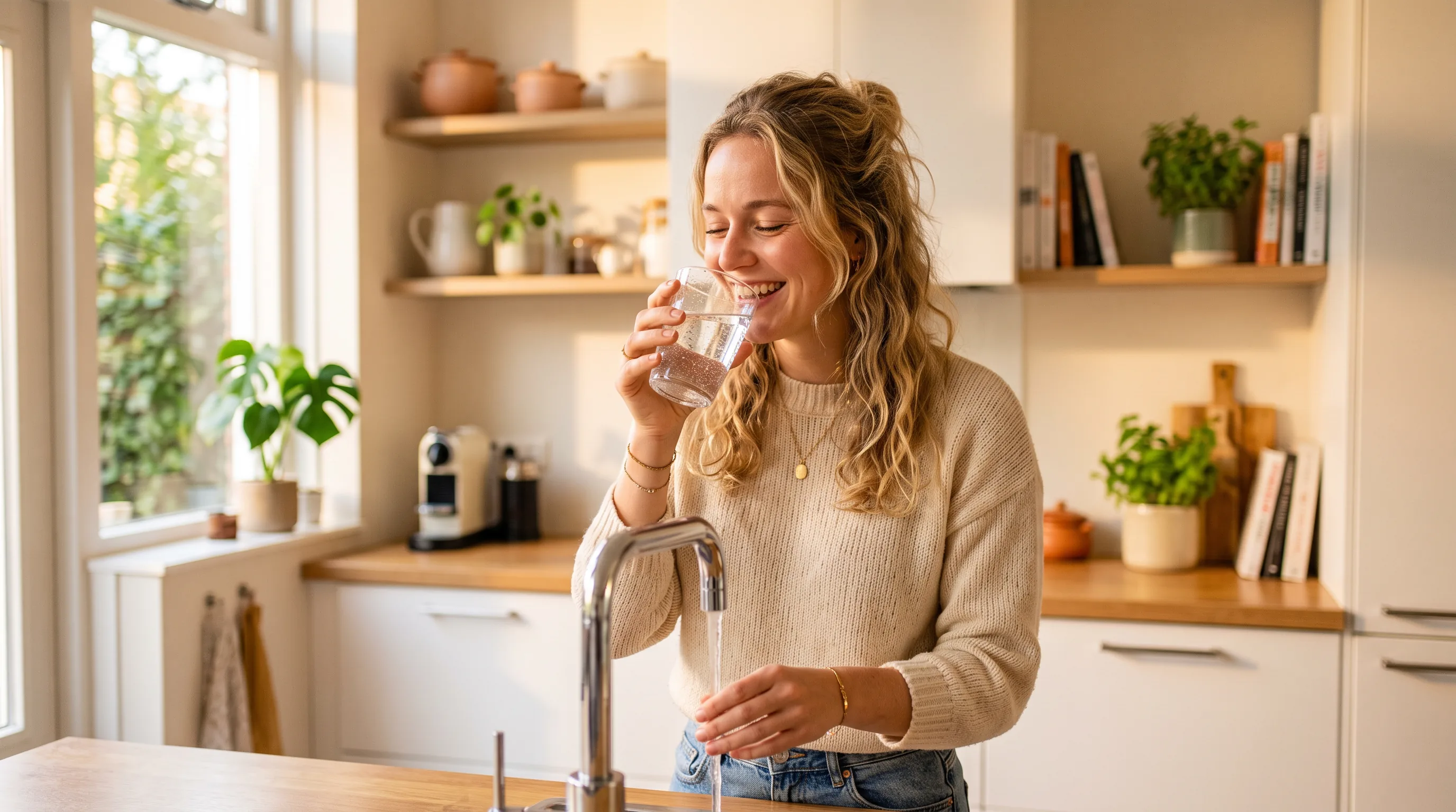 Vrouw geniet van een glas vers, gefilterd water rechtstreeks uit de kraan