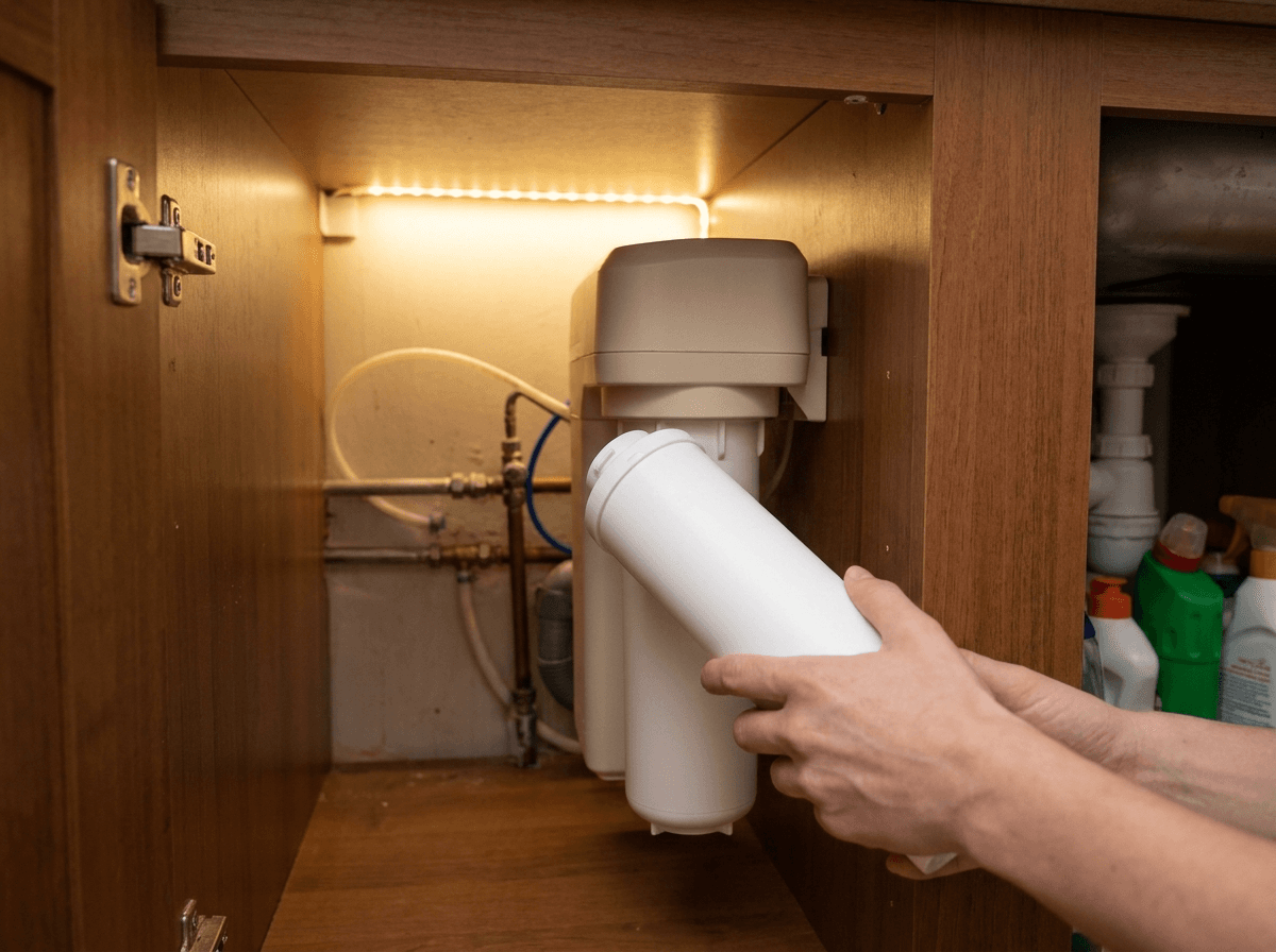 Een waterfilter wordt vervangen onder het aanrecht
